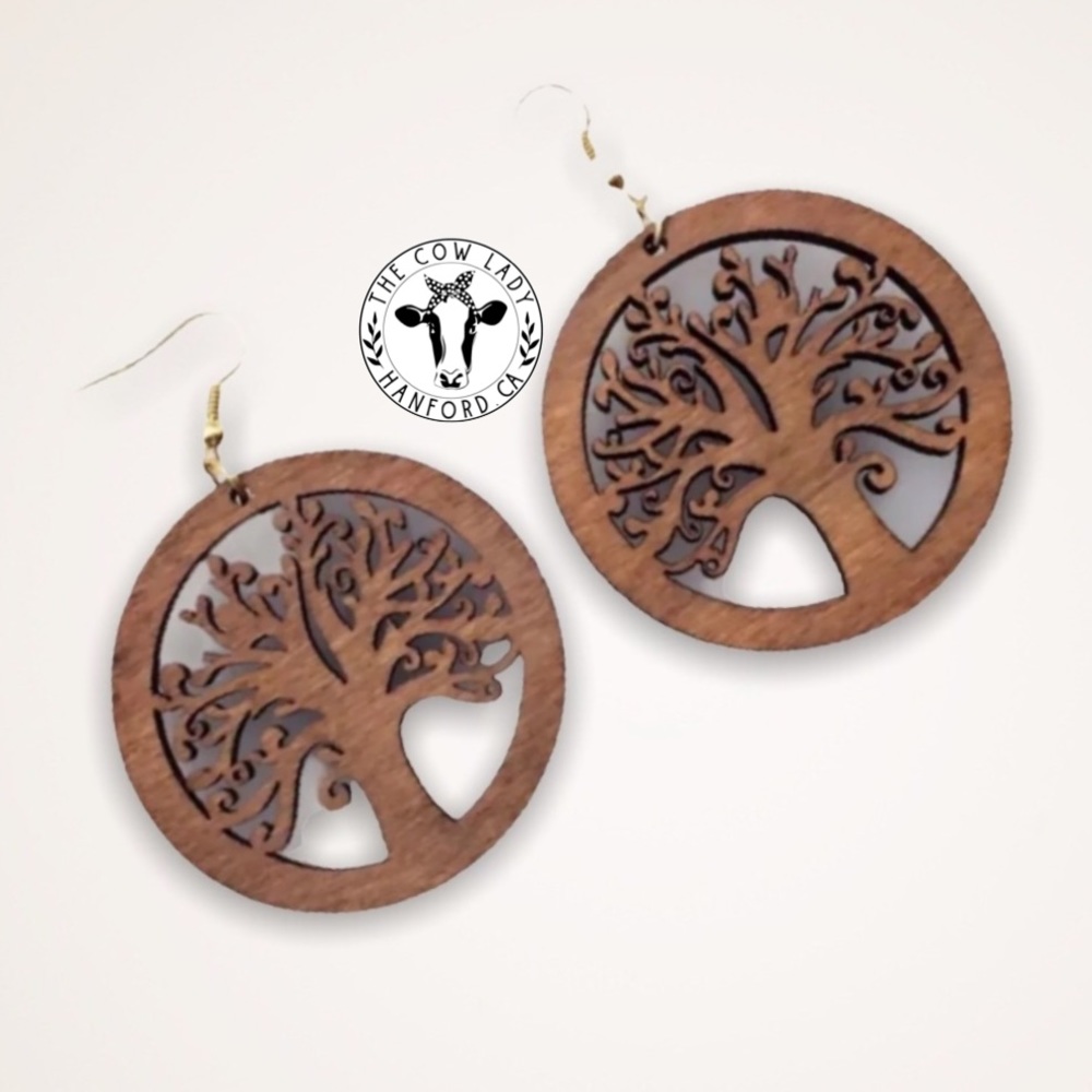 Tree Of Life Natural Wood Earrings Large Fashion Earrings Brown Hoop Dangle NWT